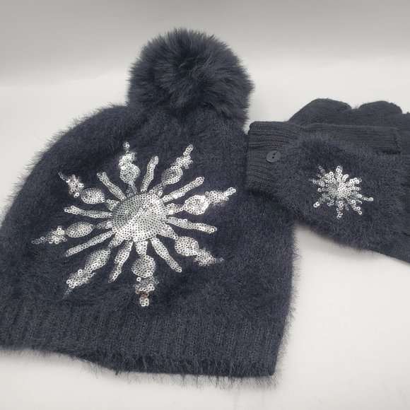 NWT ADULT SEQUIN SNOWFLAKE POM POM HAT SET - Picture 2 of 6